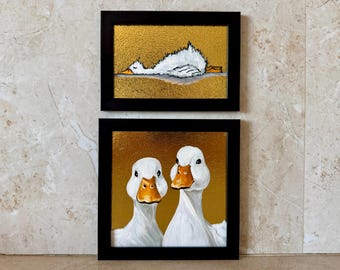 Original Oil Painting: Geese Family with Gold Leaf - Farmhouse Style