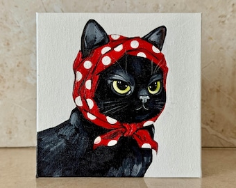 Black Cat Oil Painting with Scarf: Whimsical Cat Portrait, 6x6 Framed Art