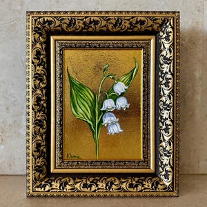 Maiglöckchen Gemälde auf Blattgold, 13 x 18 cm Original signierte Miniatur Kunst, Geburtsmonat Blumen Kunstwerk, Geburtstagsgeschenk für Sie