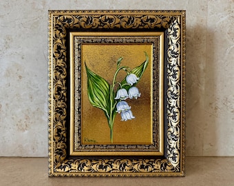 Lily of the Valley Painting on Gold Leaf: Small Floral Art, 5x7 Original
