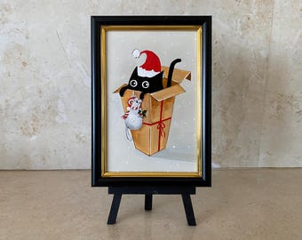 Pintura al óleo navideña de gato negro: arte mural divertido de gato y ratón