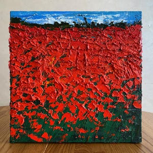 Schilderij papaverveld, abstracte schilderkunst, origineel olieverfschilderij, impasto-olieverfschilderij, bloemenschilderij, wilde bloemenweide, poppy muurkunst