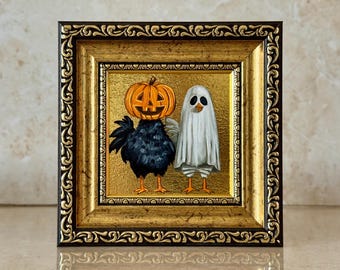 Gold Leaf Spooky Ghost Oil Painting - Halloween Decor (4x4 in)