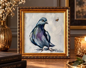 Original Pigeon Oil Painting, Framed Bird Art, Vintage Wall Decor, Small Artwork