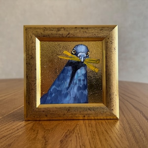 Retrato de paloma Pintura al óleo Pan de oro Pintura original enmarcada 4x4 Pintura de paloma Pájaro original enmarcado Pintura de paloma con papas fritas
