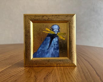Pigeon with French Fry Oil Painting: Gold Leaf Framed Bird Art (4x4)