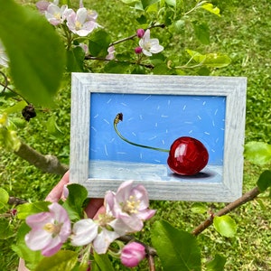 Pintura de cereza original, arte de pared de cereza, decoración de cocina, pintura pequeña, arte de pared de frutas, arte realista, naturaleza muerta de cereza, imagen con cereza