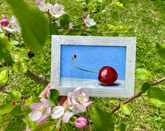 Oryginalny obraz olejny z motywem wiśni: mała martwa natura kuchenna (6x4 cale)