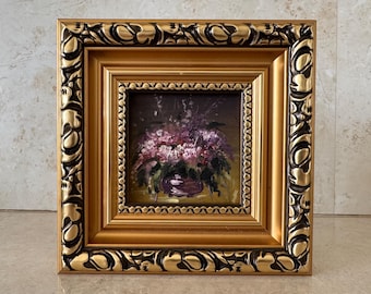 Olieverfschilderij bloemenstilleven: miniatuur botanische kunst, 4 x 4 inch