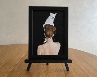 Original oil painting,woman with cat painting,gift for her,cat lover gift,woman painting,bedroom wall decor,framed art animals,cat painting