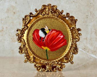 Original Bumblebee Oil Painting, Gold Leaf Flower Art, Ornate Vintage Frame