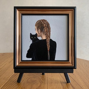 Woman with cat painting,Black cat original oil painting, Pet with owner portrait,Gift for her,Original oil painting,Gift for mom,Framed