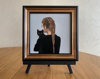 Black Cat Oil Painting: Woman with Pet Portrait, Framed Art (6 inch)