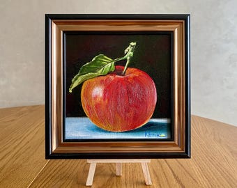 Framed Apple Oil Painting: Dark Cottagecore Still Life Art (6x6 in)