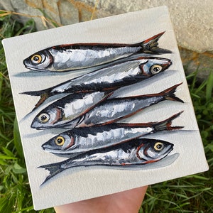 Sardine painting,Fish painting,Seafood art,Food artwork,Original oil painting,Kitchen wall decor,Sardines still life oil painting miniature