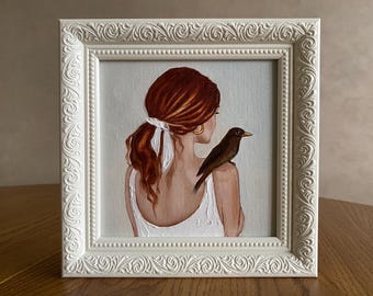 Original Woman with Bird Oil Painting: Figurative Wildlife Art (6x6 in)