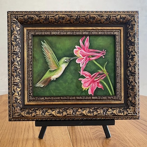 Hummingbird painting, tropical bird art, bird wall decor, flower oil painting, original painting, botanical art, animal art,colibri painting