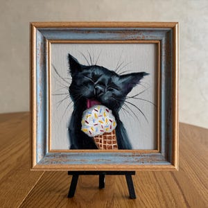 Adorable Black Cat with Ice Cream Painting  Whimsical Wall Art Original Artwork Cute Animal Decor Fun Feline Art Black cat portrait painting