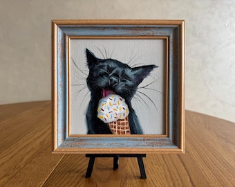 Original Oil Painting Black Cat, 6x6