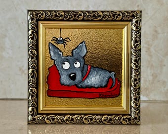 Framed West Highland Terrier Oil Painting with Gold Leaf: 4x4 Dog Portrait