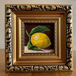 Pintura al óleo de limón Pintura de limón Obra de arte de frutas Pintura en miniatura Pintura al óleo original Obra de arte de frutas pequeñas Pintura de estado de ánimo Pintura de cocina