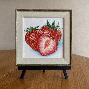 Strawberry oil painting, fruit art, still life oil painting, kitchen wall decor, summer decor, berries art, strawberry still life, 6x6 in