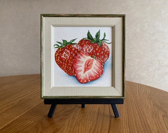 Pintura al óleo de fresa: bodegón original de frutas, 15 x 15 cm