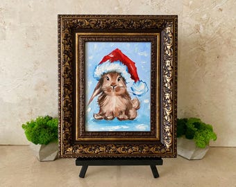Framed Christmas Bunny Oil Painting: Small Nursery Art (5.9x7.9 in)