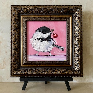 Robin Bird Oil Painting: Small Abstract Animal Art with Cherry