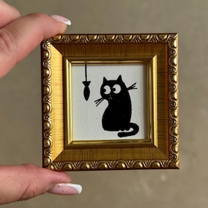 Miniature Black Cat Painting on Gold Leaf - Vintage Framed Art