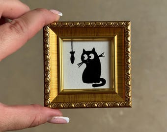 Miniatuurschilderij zwarte kat op bladgoud - vintage ingelijste kunst