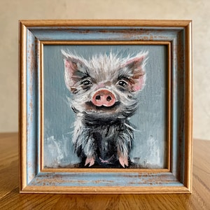 Funny Pig Painting Farm Animals Original Art Impasto Oil Painting 6x6 Piglet Artwork Nursery Wall Art Pig Small Painting by smalloilart