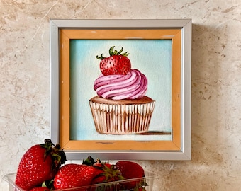 Cupcake with Strawberry Oil Painting: Small Dessert Artwork