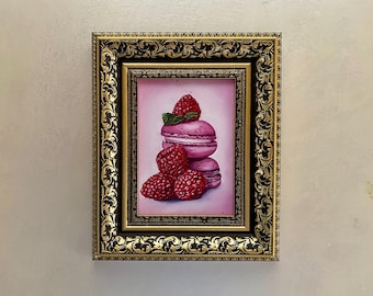 Raspberry Macaroon Oil Painting: French Bakery Kitchen Art