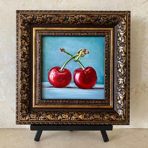 Original cherry painting, cherry wall art, kitchen decor, small painting, fruit wall art, realistic art, still life cherry