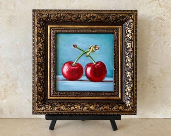 Pintura al óleo original de cerezas: Naturaleza muerta, decoración de cocina (15 cm)