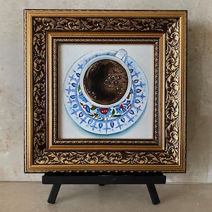 Art mural tasse de café, peinture à l&#39;huile originale, art mural réaliste, art de l&#39;assiette vintage, unique en son genre, cadeau pour amateur de café