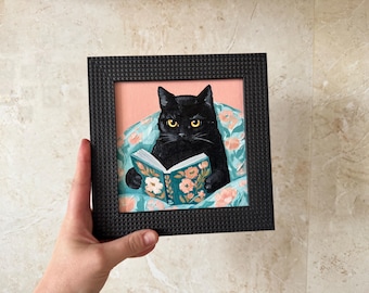 Black Cat Reading Book Painting, Cozy Cottagecore Animal Art, Mini Canvas Artwork