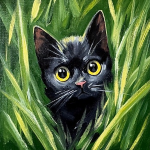 Original Black Cat Oil Painting: Whimsical Animal Portrait Art