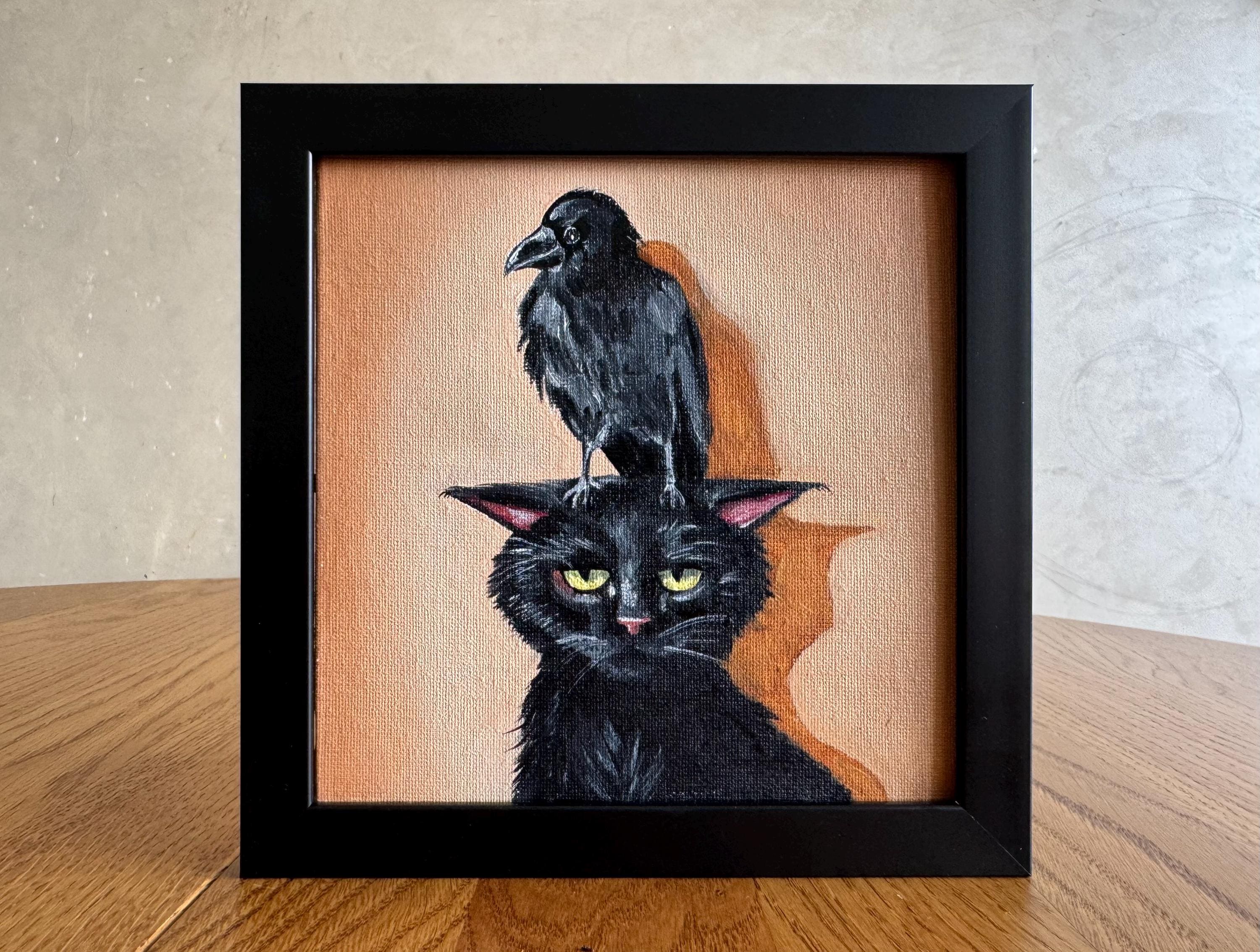 額装済み黒猫油絵：頭にカラス、オリジナルアート（6×6インチ） - Etsy