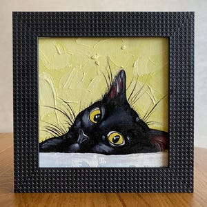黒猫の油絵 キャンバスに描かれたオリジナル作品 黒猫の肖像画 手描きアート 気まぐれな猫