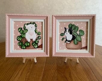 Black Cat Oil Painting: Original Framed Art, 6x6 Pilea Flowerpot