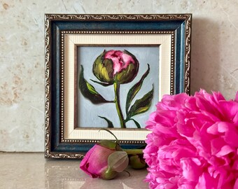 Peony Oil Painting: Small Floral Still Life, Impasto Art (4x4 in)