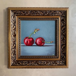 Original cherry painting, cherry wall art, kitchen decor, small painting, fruit wall art, realistic art, still life cherry