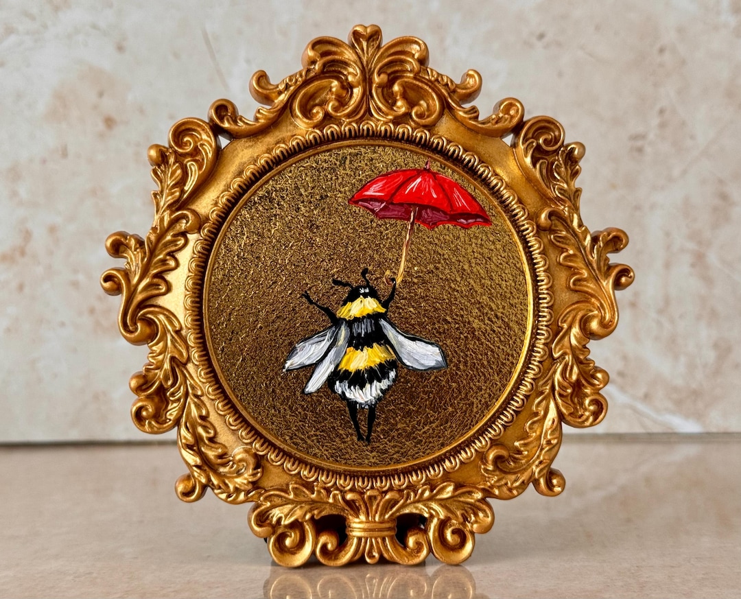 Original Mini Bee Painting – Bumblebee With Red Umbrella – Gold Framed ...