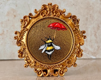 Original Mini Bee Painting – Bumblebee with Red Umbrella – Gold Framed Miniature Art