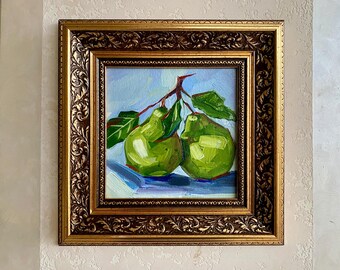 Pintura al óleo de pera enmarcada: bodegón de cocina pequeña