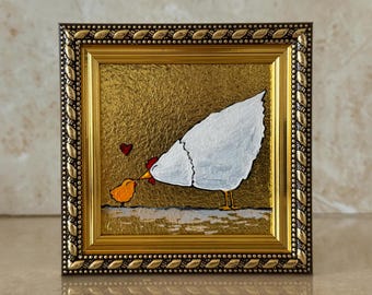 Rustic Farmhouse Decor: Original Oil Painting of Chicken and Chick with Gold Leaf