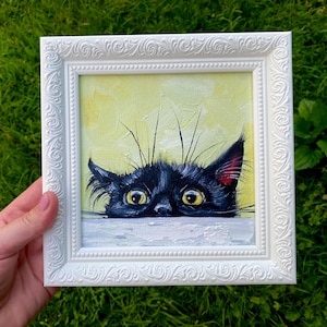 Tableau de toile de peinture à l'huile de chat noir, animaux d'art encadrés, petite oeuvre d'art encadrée, décoration de maison de cadeau, peinture à l'huile de chat noir originale, portrait de chat