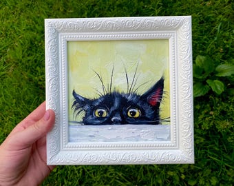 Framed Black Cat Oil Painting: Small Original Art, Home Decor